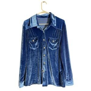 Vintage-Style Royal Blue Velvet Button Down Shirt – Size Approx. M